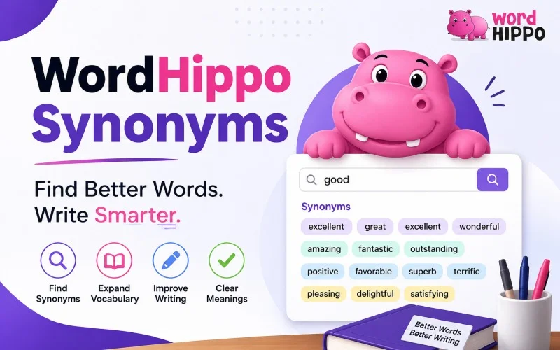 WordHippo Synonyms interface showing alternative words, vocabulary tools, and writing improvement features.