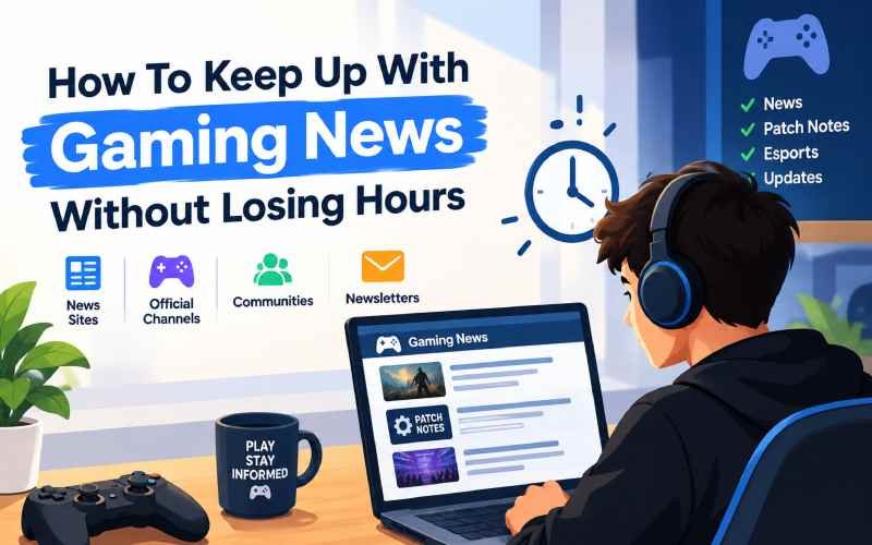 Gamer reading gaming news and patch notes on a laptop